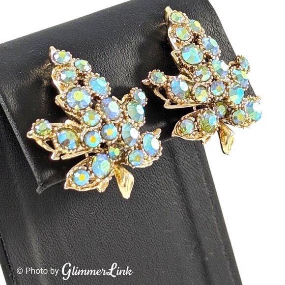 Vintage BSK Aurora Borealis Maple Leaf Gold Tone Ear Climber Clip On Earrings - Picture 2 of 9